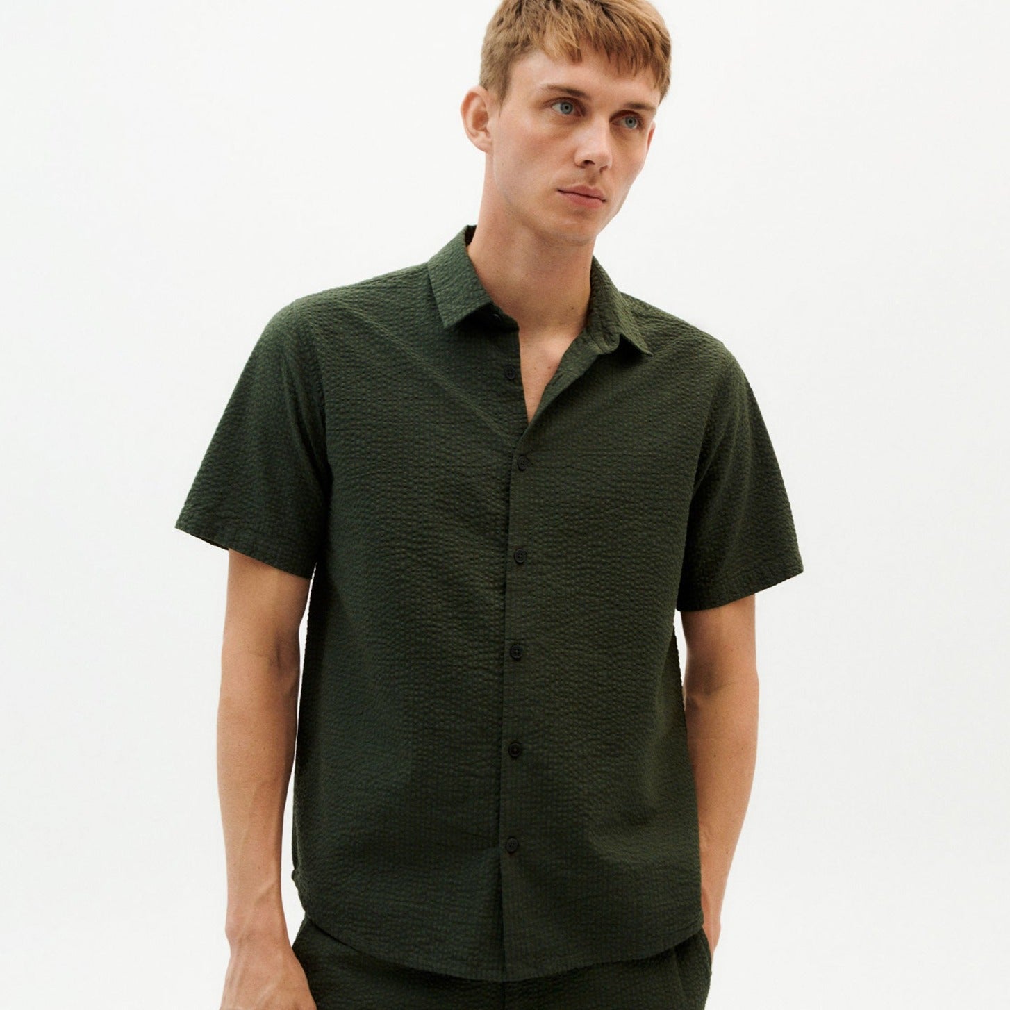 Thinking Mu // Seersucker Checks Tom Shirt - Green