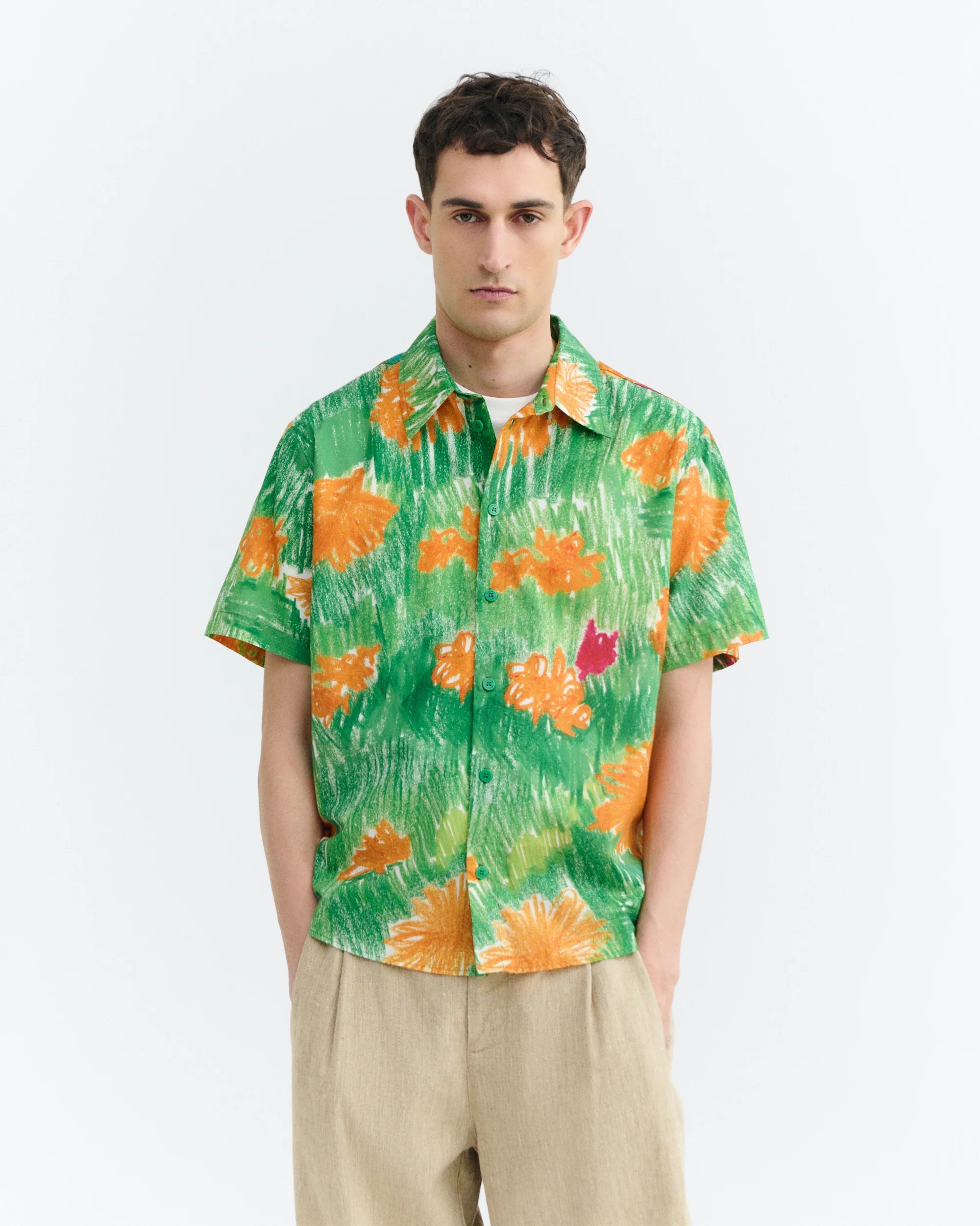 Thinking MU // Crayon Paddy Flower Shirt - Green/Orange